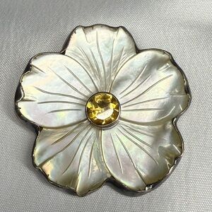 Mother of Pearl Flower Brooch with Yellow Gem Center